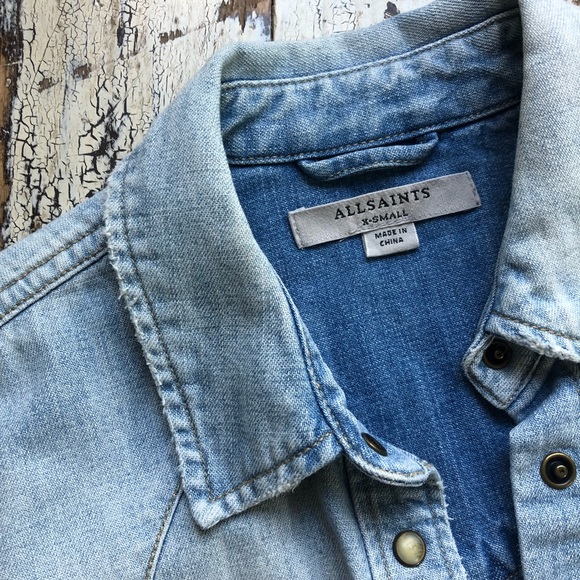 ALL SAINTS Denim Western Shirt Cropped Factory Raw Hem XS - Picture 4 of 10